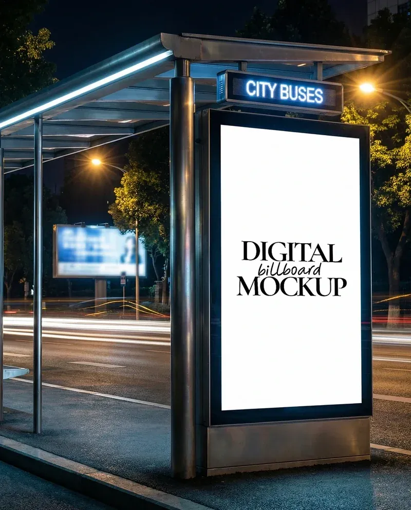 Digital billboard mockup at a city bus stop